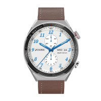 Smart Watch DT3 Mate ezüst színű okosóra forgatható funkciógombbal - barna bőr + ajándék gumiszíj